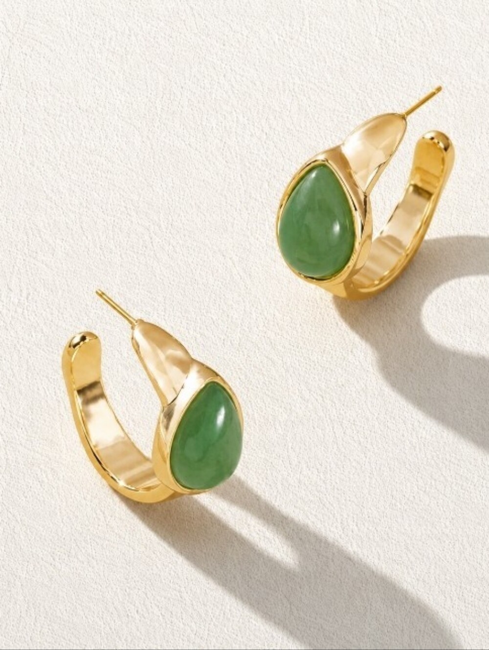 Gold Hoop Earrings with Green Teardrop Stone